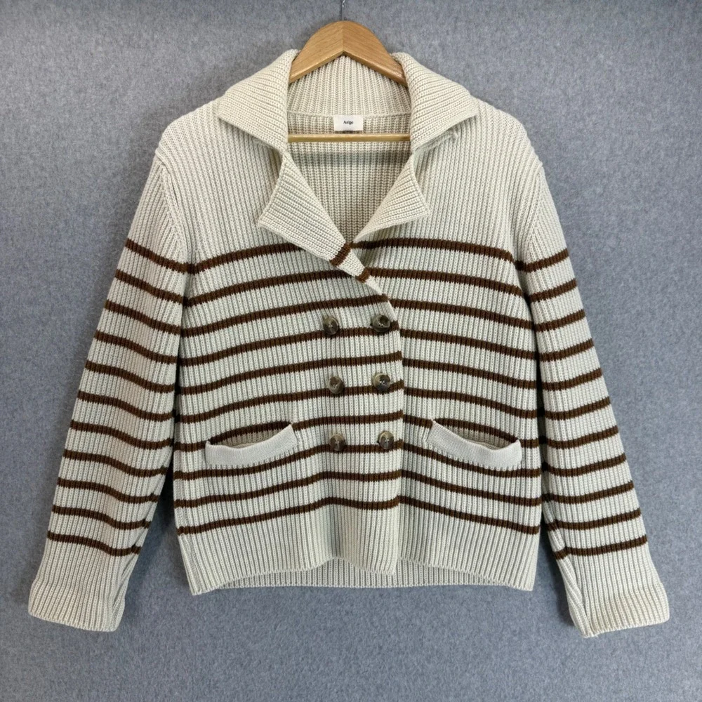 An'ge Striped Knit Cardigan Sweater Collared Button Up Cream Brown Womens Medium
